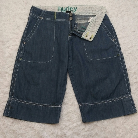 Hurley Vintage Junior's Blue Mid Rise Button Zipper Front Cotton Bermuda Short - Picture 6 of 13